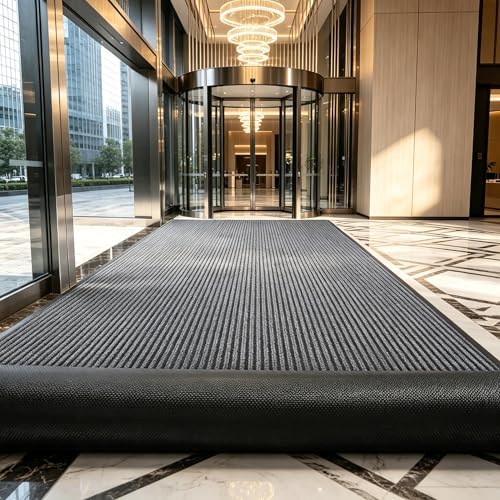 3' x 10' Moisture Guard Doormat, Commercial Grade Door Floor Mat Striped Brush Step Entrance Mat with Rubber Backing, Low Profile Commercial Rugs for Entryway, Easy to Clean(Charcoal Grey)