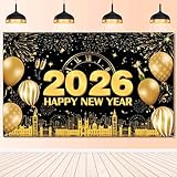 Silvester Banner Deko 2026, Extra Große Stoff Happy New Year Backdrop für Dekorationen, Schwarz Gold Feuerwerk Photo Booth Hintergrund Poster für Neujahr Party Supplies(72 x 44 Zoll)