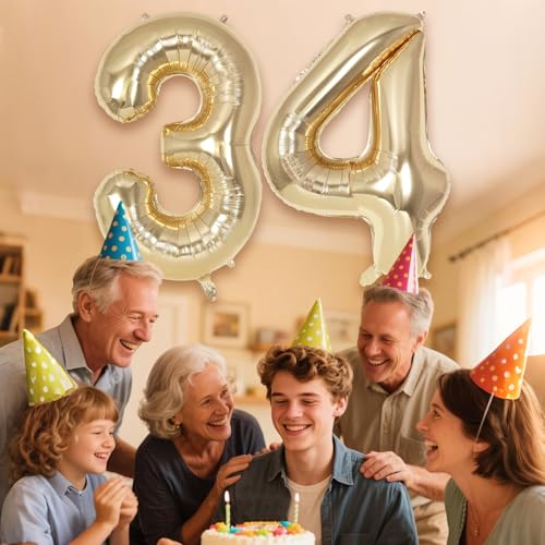 Image of Champagne Large Number 34 Balloon, 40 Inch Light Gold Foil Helium Number Balloons, Giant Mylar Number 34 Balloons for 34 Years Old Birthday Party Anniversary Decorations (Champagne Gold 34)