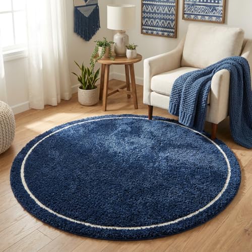 Image of Xenluxe Shaggy Polyester Microfiber Round Rug Carpet for Living Room | Ultra Soft Fluffy Plush Area Rug | Anti-Skid Non-Slip Backing | Washable Carpet for Bedroom- (4x4 feet, Ring Blue, Round)