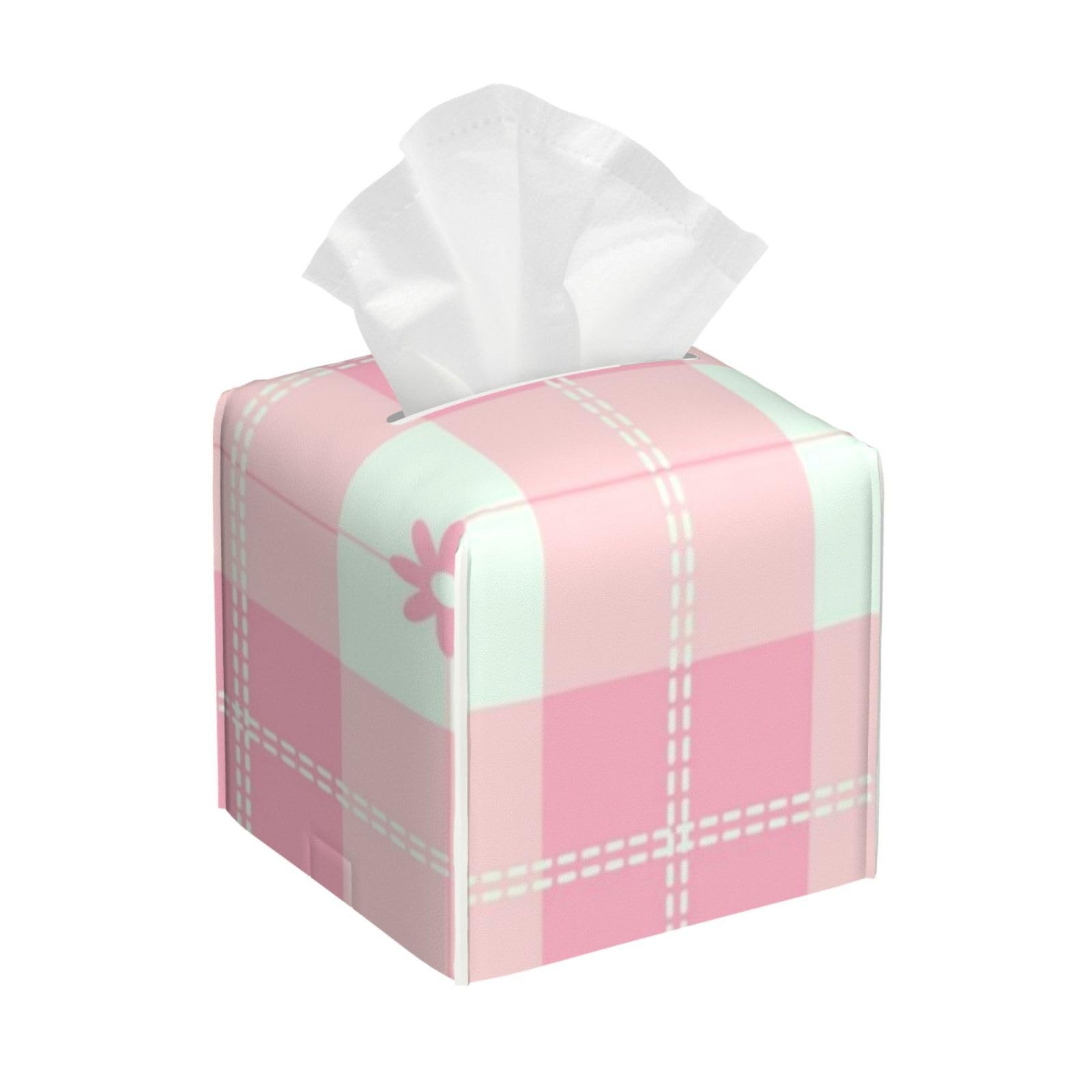 Floral Echoes Pink Tartan Tissue Box Cover 5" Square Leather Tissue Holder Facial Tissue Case for Tabletop Bedroom Bathroom Desk Decor