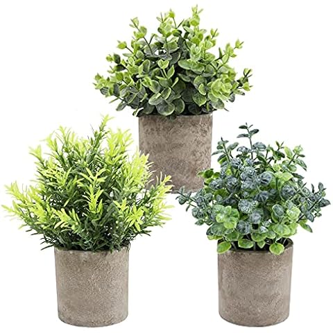 THE BLOOM TIMES Set of 3 Small Potted Artificial Plants Plastic Fake Greenery Faux Plants in Pots for Rustic Home Office Desk Farmhouse Bathroom Kitchen Indoor Décor Cover