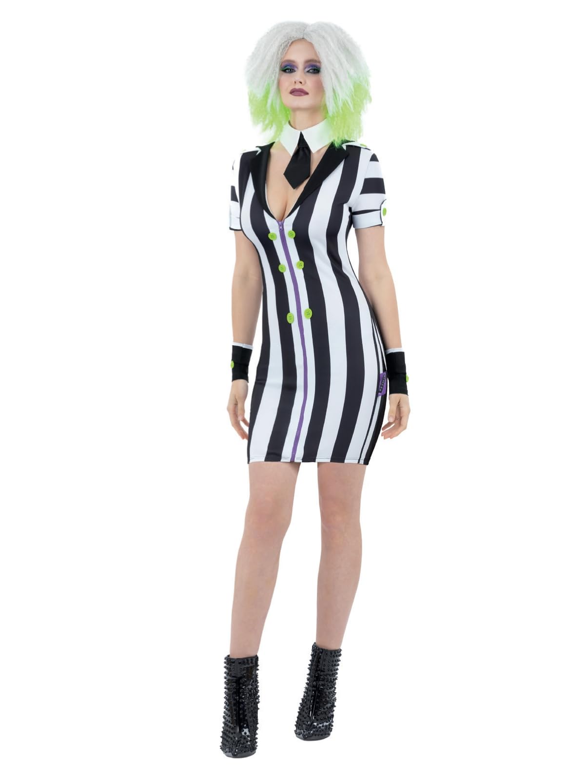 Smiffys Beetlejuice Women's Adult Costume with Black and White Stripe Dress and Collar with tie, Officially Licensed Warner Brothers Halloween Costume Medium