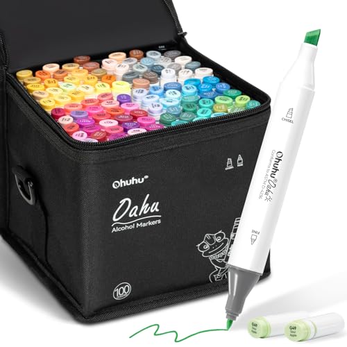 Ohuhu 100 Couleurs Double Pointe Marqueur, Art Croquis Stylos Marqueurs Marker à Feutre Alcool Animation Design avec Sac Noir Pour Adultes Jeu Croquis Dessins Animés Peinture