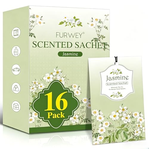Image of FURWEY 16 Packs Jasmine Scented Sachets, Long Lasting Sachet Bag | For Drawers and Closets, Room Car Odor Deodorizer, Fresh Scent Home Fragrance