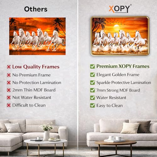 Image of XOPY Seven Running Horses Art with Golden Frame | Vastu 7 horses Raw Pyrite Painting for Home, Office & Living Room Wall Decore | 12X18 Inch Sparkle Laminated Frame | Best For Gifting (53312, 12X18)