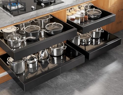4 Pack Expandable Pull Out Cabinet Organizer 21"Deep With Raising Pad for Framed Cabinets,Upgrade 3 Slide Rails Slide Out Drawers,No Drill Roll Out Shelves,Adjustable Width 15.1"-26.3" Black
