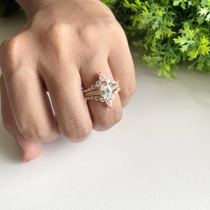 Alternate Pink Sapphire & White Diamond Contour V Shape Enhancer Guard For Women, 14K Gold Plated 925 Silver September Birthstone Pink Sapphire Chevron V Shape Enhancer Wrap Guard Matching Band