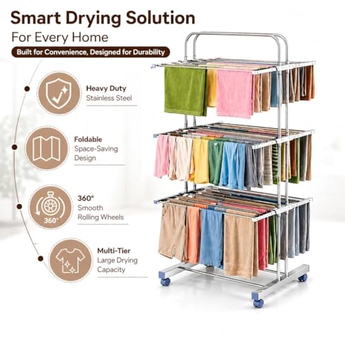 Image of SR Heavy Duty 304 Stainless Steel Foldable Cloth Dryer Stand | 3 Layer Movable Clothes Drying Rack for Indoor & Outdoor | Foldable Laundry Drying Rack | Cloth Stand for Balcony (Steel Mirror)