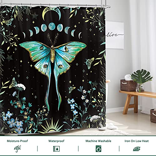 Glawry Butterfly Moth Shower Curtain Teal Moon Phase Bathroom Curtains Set 72Wx72L Inches Floral Plants Botanical Vintage Aesthetic Sun Gothic Bath Accessories Art Home Decor Fabric 12 Pack Hooks #TOP2