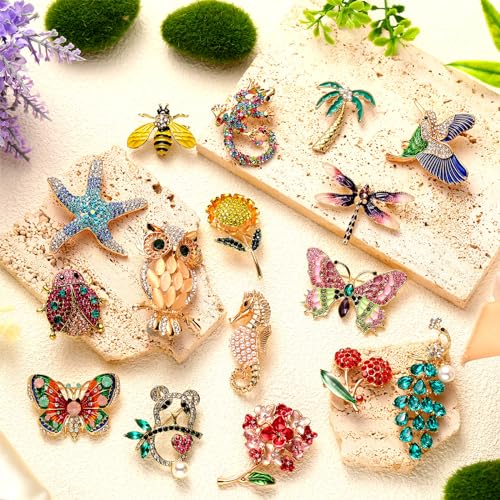 Sasylvia 16 Pcs Women Brooch Set Rhinestone Vintage Animal Insect Plant Pins Brooches Bulk for Women Girls Christmas Gifts2