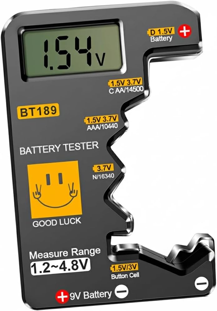 BT189 Battery Tester, Universal Battery Checker for AAA, AA, C, D, 9V, Button Cells 1.5V 3V CR2032 LR44, LCD Voltage Display, Compact Battery Detector for Household Use, No Battery Required