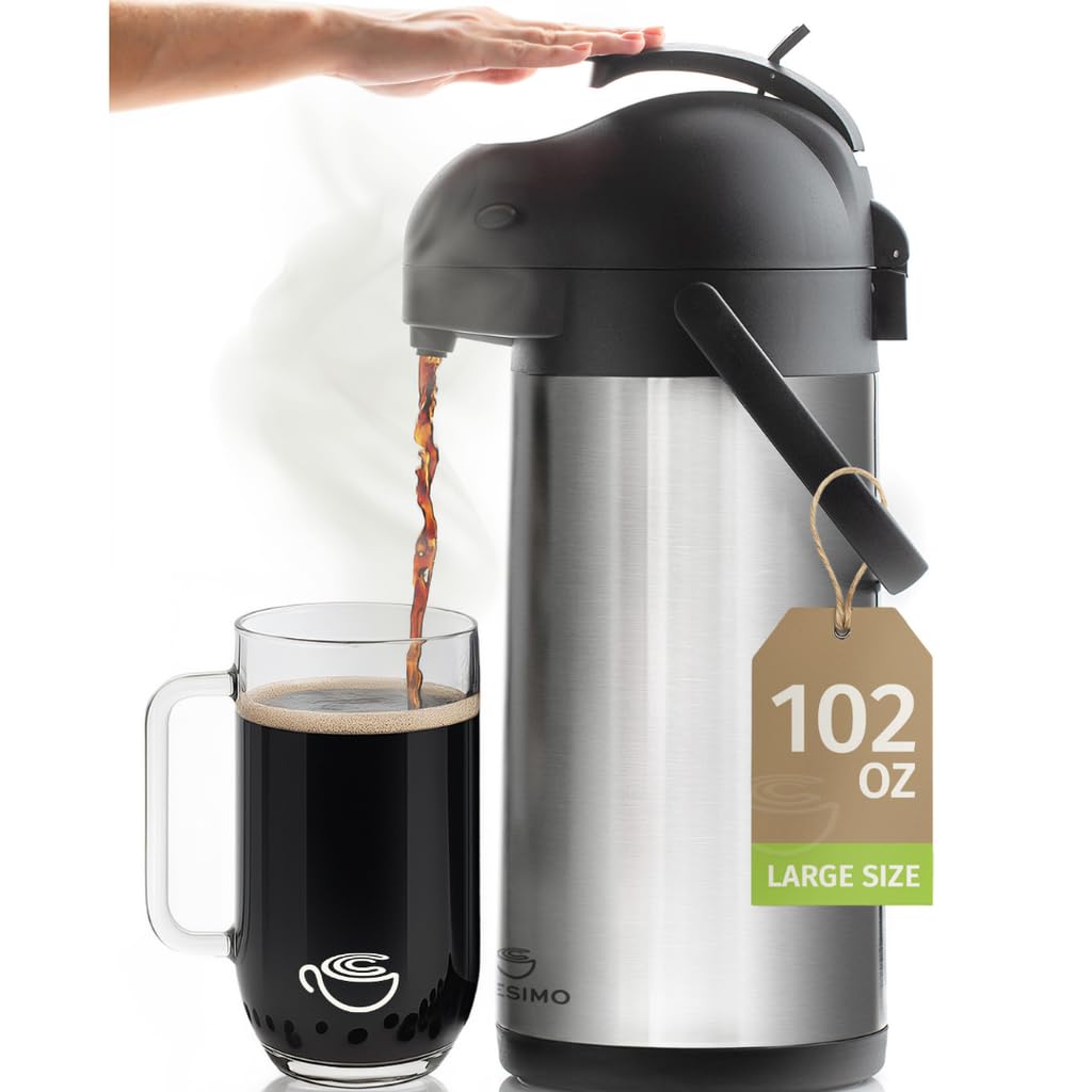 CRESIMO 101 Oz (3L) Airpot Thermal Coffee Carafe/Lever Action/Stainless Steel Insulated Thermos / 12 Hour Heat Retention / 24 Hour Cold Retention