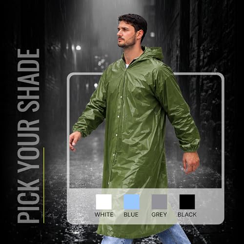 Image of Robustt EVA Reusable Raincoat with Hood (Dark Green) - Pack of 10 | Elasticated Full Sleeves Outdoor Waterproof Raincoat for Men & Women | Rainwear | Button Closure | Knee Length | Universal Fit