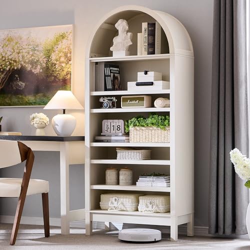 IFGET 71' Tall Arched Bookshelf, 7 Tiers Arch Bookcase with Storage, Modern Farmhouse Book Shelf with Adjustable Shelves, Wood Bookshelf w/Open Display Shelves for Living Room, Office (Antique White)