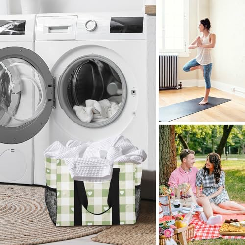 Grey-green Love Check Utility Totes Collapsable Water Resistant with Handles Beach Tote Bag 7