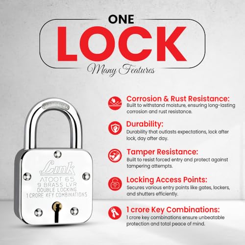 Image of Link Atoot 65 9 Brass Lever Double Locking Pad Lock (Silver) Pack of 2