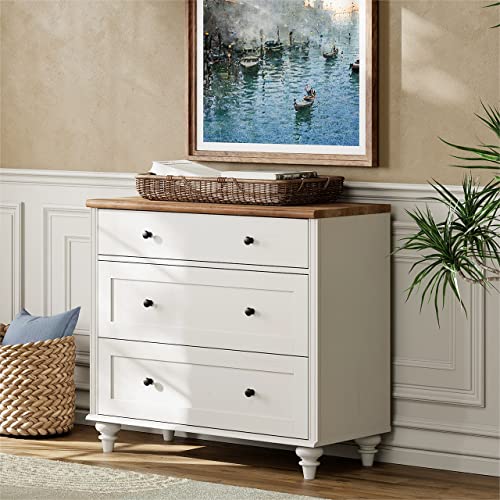 Image of WAMPAT Dresser for Bedroom with 3 Drawers, Kids Dressers with Wide Chest of Drawers, Mid Century Modern Wooden Closet Storage Organizer for Living Room, Nursery, Hallway, White