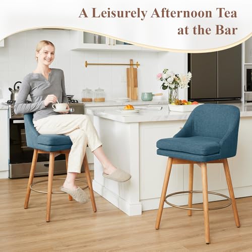 Image of kinmars Modern Bar Stools Set of 2,Swivel Counter Height Bar Stools with Soft Upholstered Back,Thick Seat,Wooden Legs, 27 inch Counter Stools for Kitchen Island (Blue, 2 Pieces - 27 inch Counter Height)