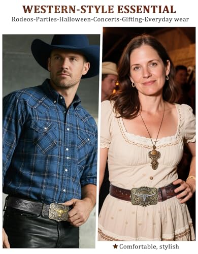 Leather Western Belts for Woman Men - Bull Buckle, Cowboy Cowgirl Country Embossed Belt for Jeans Women Mens Gifts2