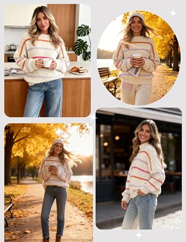 Image of QIBABU Womens Striped Sweaters Casual Lantern Sleeve Color Block Knit Pullover Sweater Tops