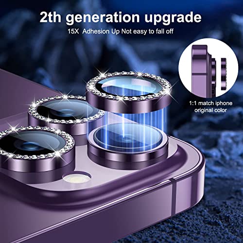 Image of Blling Diamond for iPhone 14 Pro /iPhone 14 Pro Max Camera Lens Protector Tempered Glass Alloy Metal individual Rings 9H Lens Ring Cover Case Friendly (3 Pack, Purple Diamond)