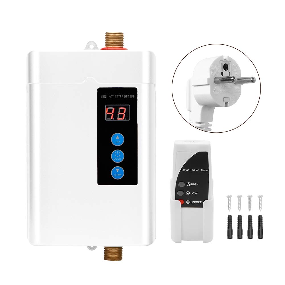 Calentador de Agua Instantáneo, Mini Pantalla Táctil LCD Calentador de Agua eléctrico sin Tanque Calentador de Agua de Control Remoto Máquina de Calentamiento de Agua para El Hogar(Blanco UE 4000W)