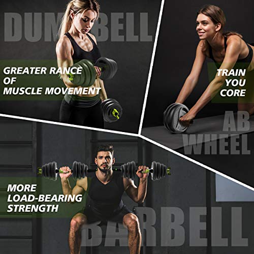 ER KANG 3 in 1 Adjustable Dumbbell Set, 88lbs Free Weights Fitness Dumbbells with Connecting Rod Used As Barbell, Ab Roller Wheel for Home Gym, Workout, Whole Body Training, 2 Pieces, (1 Pair/Set) - Thumbnail 6