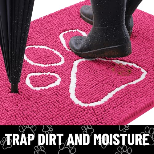 Image of Smiry Dog Door Mat for Muddy Paws, Absorbent Dirt Trapper Non Slip Quick Dry Washable Chenille Mat for Mud Dogs, Entry Rug for Indoor and Outdoor (30x20 Inches, Hot Pink and White)