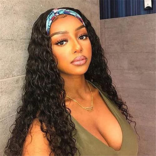 Headband Wig Human Hair Water Wave Headband Wigs for Black Women Brazilian Virgin Curly Human Hair Headband Wigs None Lace Front Wet and Wavy Glueless 150% Density 22 Inch