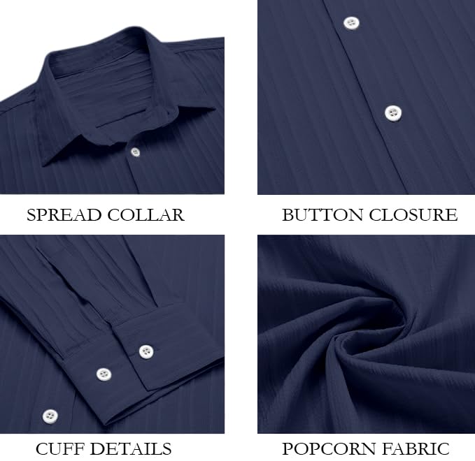 Image of FINIVO FASHION Men's Casual Cotton Plain Button Down Shirt Long Sleeve Textured Summer Beach Shirt for Men