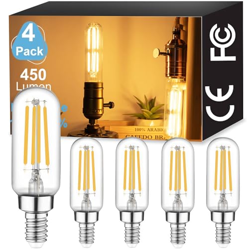 Image of Vinaco T6 LED Candelabra Bulb Dimmable 4W 2700K Warm White for Chandelier | 4PCS 40W Eq. 450LM, 360Beam, NO Flicker, 3.39 Inch, Clear Glass E12 LED Edison Bulb, for Ceiling Fan light, Pendant, Sconce