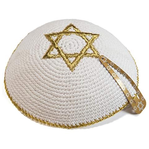 Knitted Cotton 17cm White Gold Magen David Kippah Jewish Israel Kipa Yarmulke Synagogue Cover