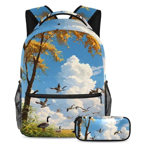 Sac à dos avec trousse d'école assortie motif oie pour ados