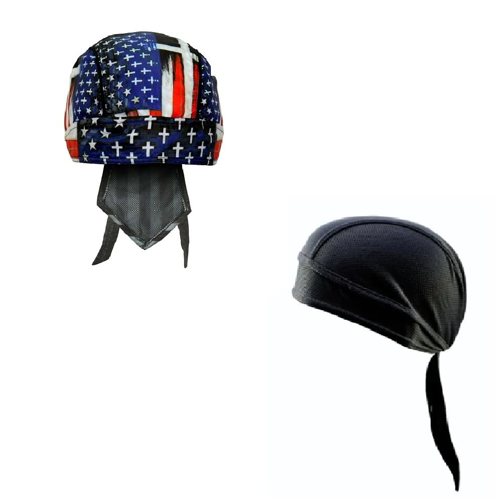 Generic Lot or Set of 2 American Flag Christian Cross Patrotic and Solid Black Moisture Wicking Headwrap Durag
