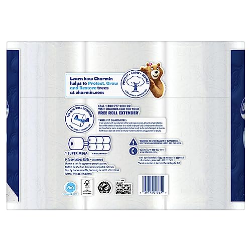 Image of Charmin Ultra Soft Super Mega 2-Ply Toilet Paper Rolls, 4 inch x 4-1 /2 inch, White, 366 Sheets Per Roll, Pack of 9 Rolls