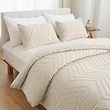 YIRDDEO Beige Queen Size Comforter Set 3Pcs Boho Chevron Tufted Cream Comforter Set Farmhouse Lightweight Neutral Bedding Sets (1 Comforter, 2 Pillowcases)