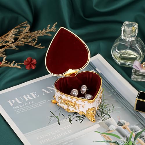 Hipiwe HPWSN00968 Vintage Metal Jewelry Box - Heart Shape Trinket Organizer Ring Box Case With Rose Pattern Jewelry Storage Box For Ring Earrings Necklace, Gift For Women Girls thumb #4
