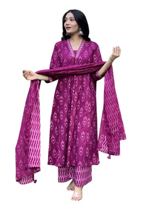 Image of Rangnavi Women's Cotton Anarkali Printed Kurta Set with Palazzo & Dupatta