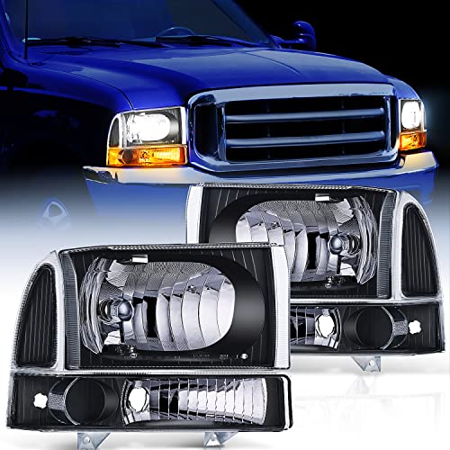 Nilight Headlight Assembly 1999 2000 2001 2002 2003 2004 F250 F350 F450 F550 Super Duty Black Housing Clear Corner Clear Lens,4 Pack,Headlights Assembly Replacement