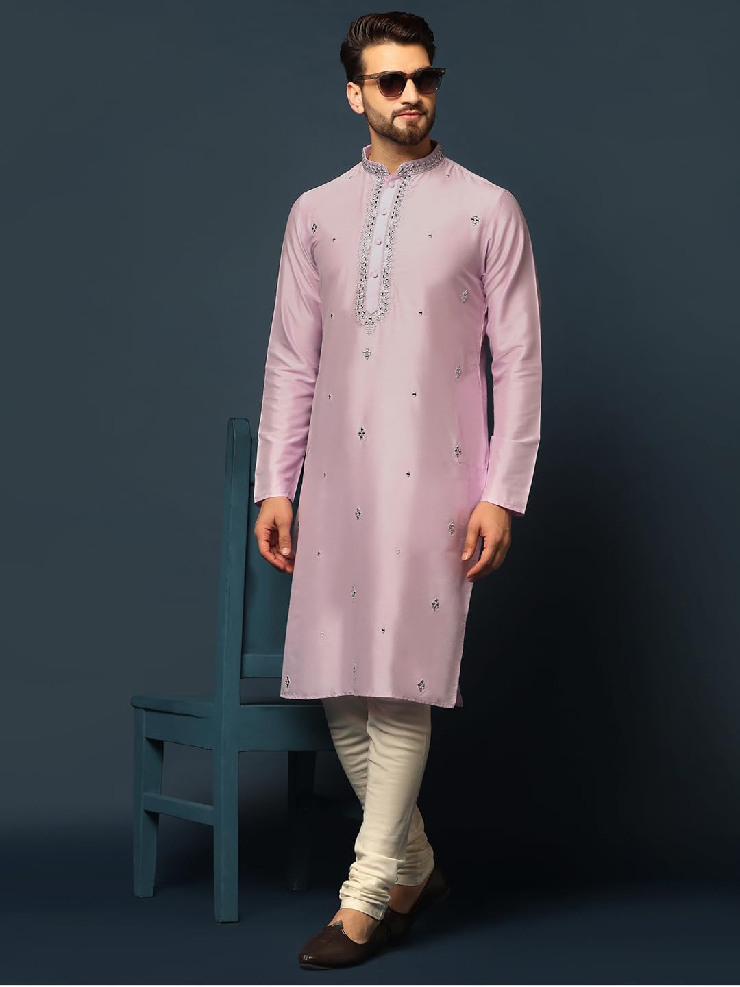 KISAH Men's Kurta – Mirror Work Embroidery Cotton Blend Tunic with Mandarin Collar, Regular Fit – Indian Wedding Outfit for Men – Festive Wear for Diwali, Eid & Celebrations, Lilac, 44