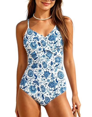 Image of Girls Swimsuit Criss Cross Ruched One Piece Bathing Suit with Printed Mesh Cover Ups Adjustable Straps Swimwear 7-16Y