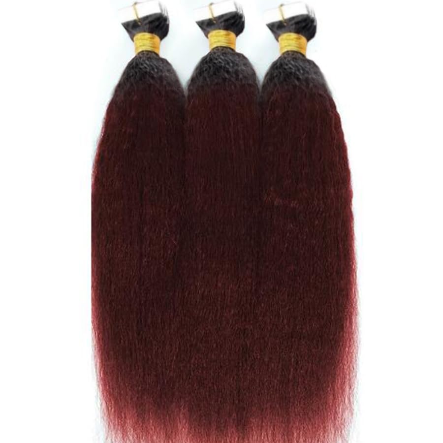 Ombre Burgundy Wine Red Kinky Straight Tape on Extensions Human Hair 1b/99j Seamless Taping In Real Human Hair Extension 50g/20pcs for Women Skin Weft Coarse Straight Tapes Ins 18 Inch