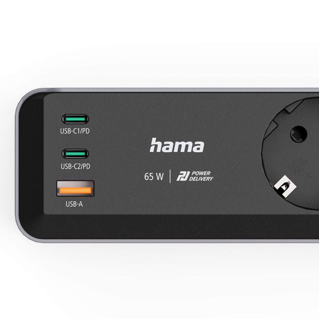 Hama Steckdosenleiste mit 2 Erdungssteckdosen + 3 USB-Ports mit Schalter (Mehrfachsteckdose, 2 x USB-C + 1 x USB-A, 65 W PD, Schnellladung, Kabel 1,4 m, 2 Schuko-Steckdosen, kompatibel mit Frankreich