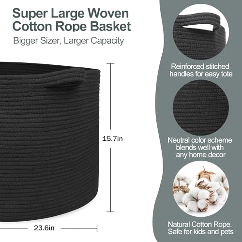 Image of MEGASKET 115L Super Large Black Blanket Basket, 23.6 inchx15.7 inch Woven Rope Bin for Storage, Oversized Kids Dog Toy Storage Box Bins, XXXL Blanket Holder for Living Room, Jumbo Wicker Basket for Organizing