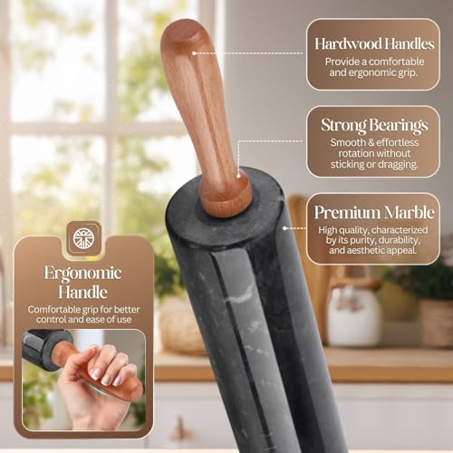 Image of Flexzion Black Marble Rolling Pin, 10-inch with Wooden Handle and Holder Base Stand, Marble Rolling Pin for Baking Pastry Pizza Dough Roller Fondant Cookie Pie Crust Pasta Bakery Roller Pin