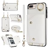 アイフォン6s plus 7plus 8plusケース 手帳型 PU革 カード収納 小銭入れ iphone6/6s/7/8plusスマホカバー アイフォン7/8plusケース手帳型 長ストラップ リング付き 肩がけ 首掛け 斜め掛け-ホワイト