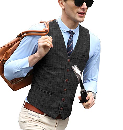 Jiaoyunshi Men's Suit Vest Plaid Vintage V Neck for Wedding Groomsmen Waistcoat Tweed Vest Men3
