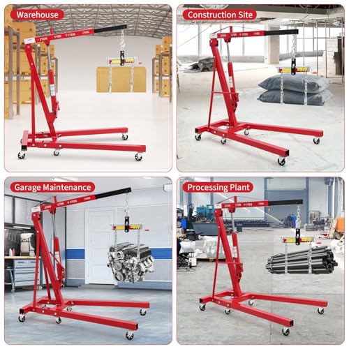 Image of GarveeTech 2 Ton Folding Hydraulic Engine Hoist with Load Leveler 4400 LBS Capacity Heavy Duty Cherry Picker 6 Swivel Wheels&Hydraulic Pump Adjustable Boom (0.5T-2T) for Garage Workshop Warehouse Red