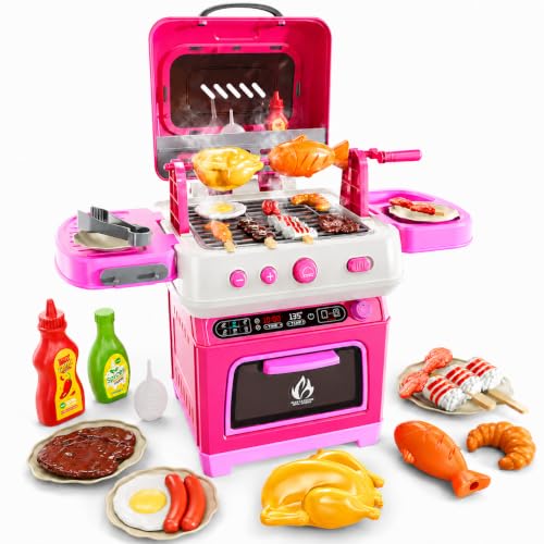 Image of Kids BBQ Grill Playset Toy, 2-Layer Play Kitchen Toddlers Toys with Oven and Smoke, Cooking Toys for Kids Ages 4-8, Light and Sound, Barbecue Outdoor Grill Play Gift Toy for Toddler Girls 3-5
